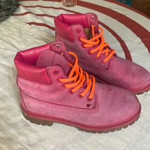 pink timberland boots with neon orange laces womens 7.5 37.6